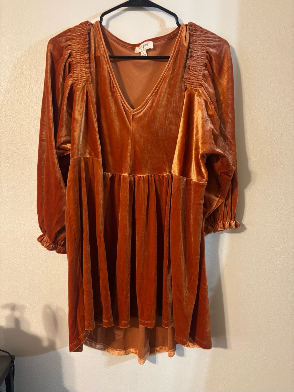 Velvet Smocked Shoulder Tunic Dress or long top- Rust